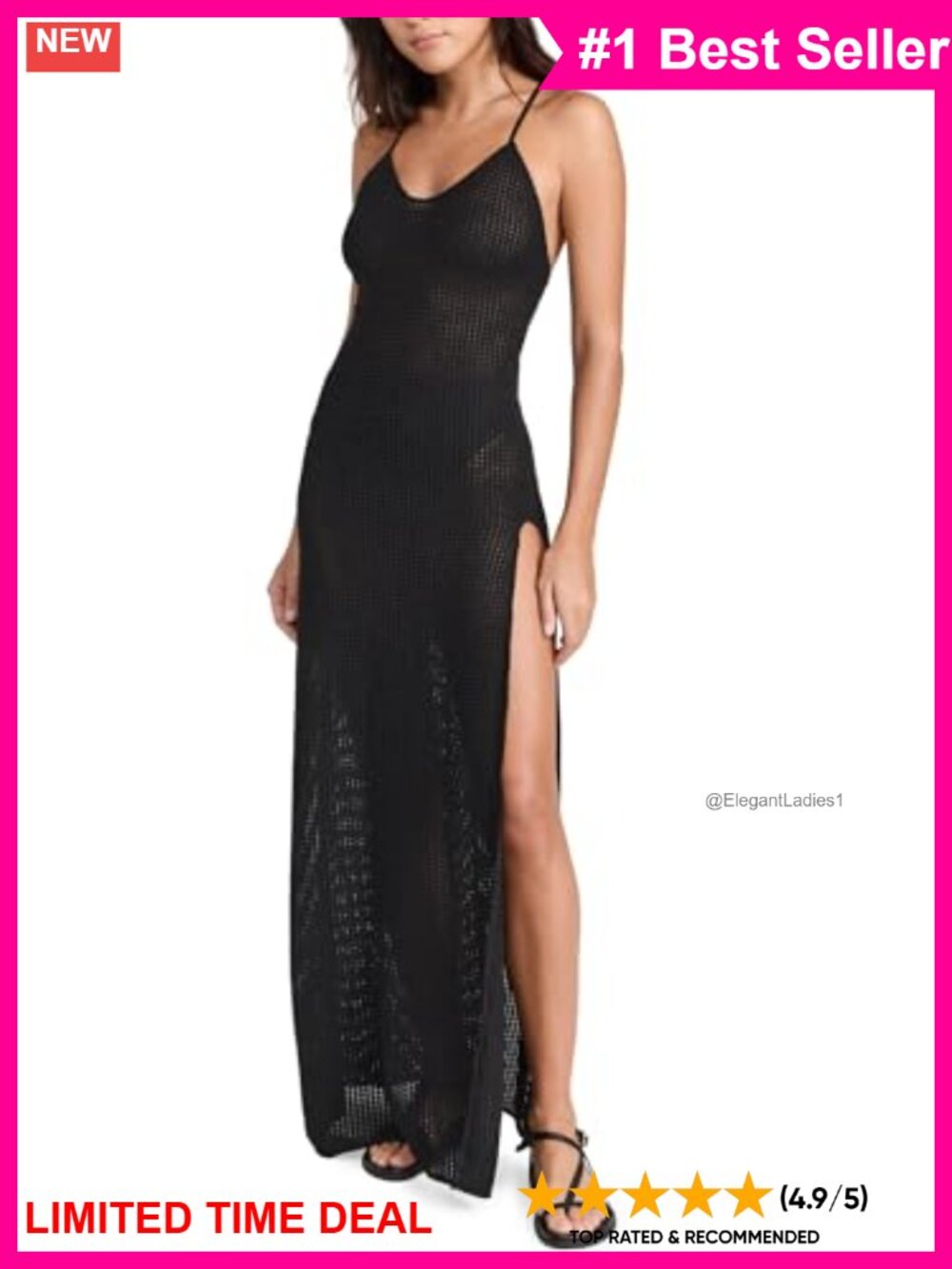 Waffle Knit Maxi Coverup Dress Adjustable Straps Slit Vacation